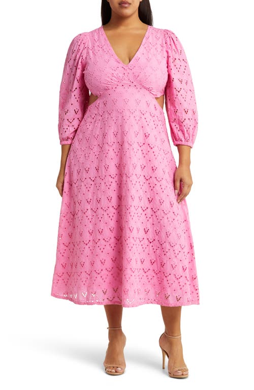 Chelsea28 Eyelet Embroidered Cutout Bracelet Sleeve Midi Dress in Pink Wildflower