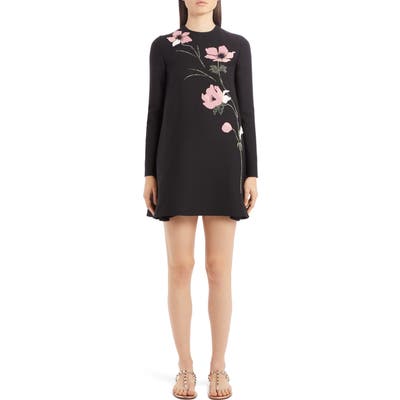 Valentino Beaded Floral Intarsia Long Sleeve Wool & Silk Minidress, US / 40 IT - Black
