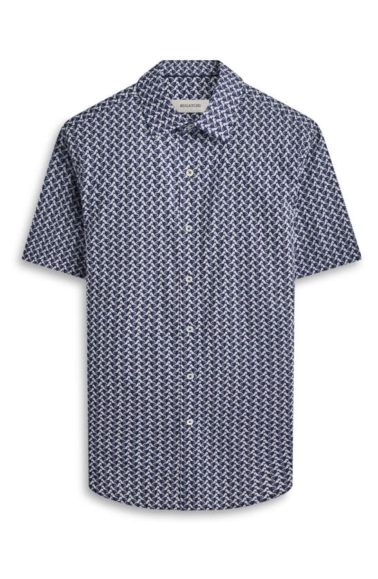 Shop Bugatchi Orson Seahorse Print Short Sleeve Stretch Cotton Button-up Shirt In Navy