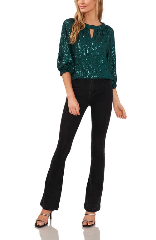 Shop Vince Camuto Sequin Keyhole Neck Blouse In Dark Green