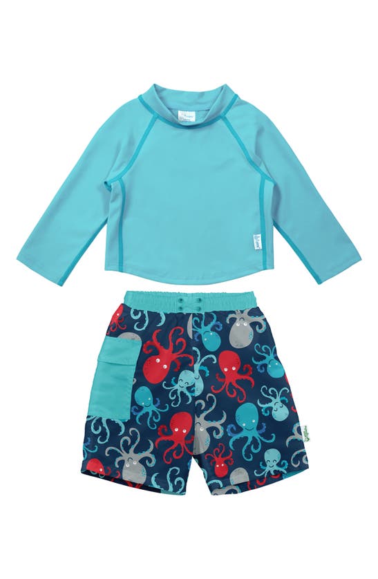 Green Sprouts Babies' Diaper Trunks & Rashguard Two-piece Swimsuit In Navy Octopus