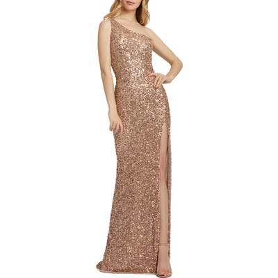 MAC Duggal Sequin One-Shoulder Column Gown, Metallic