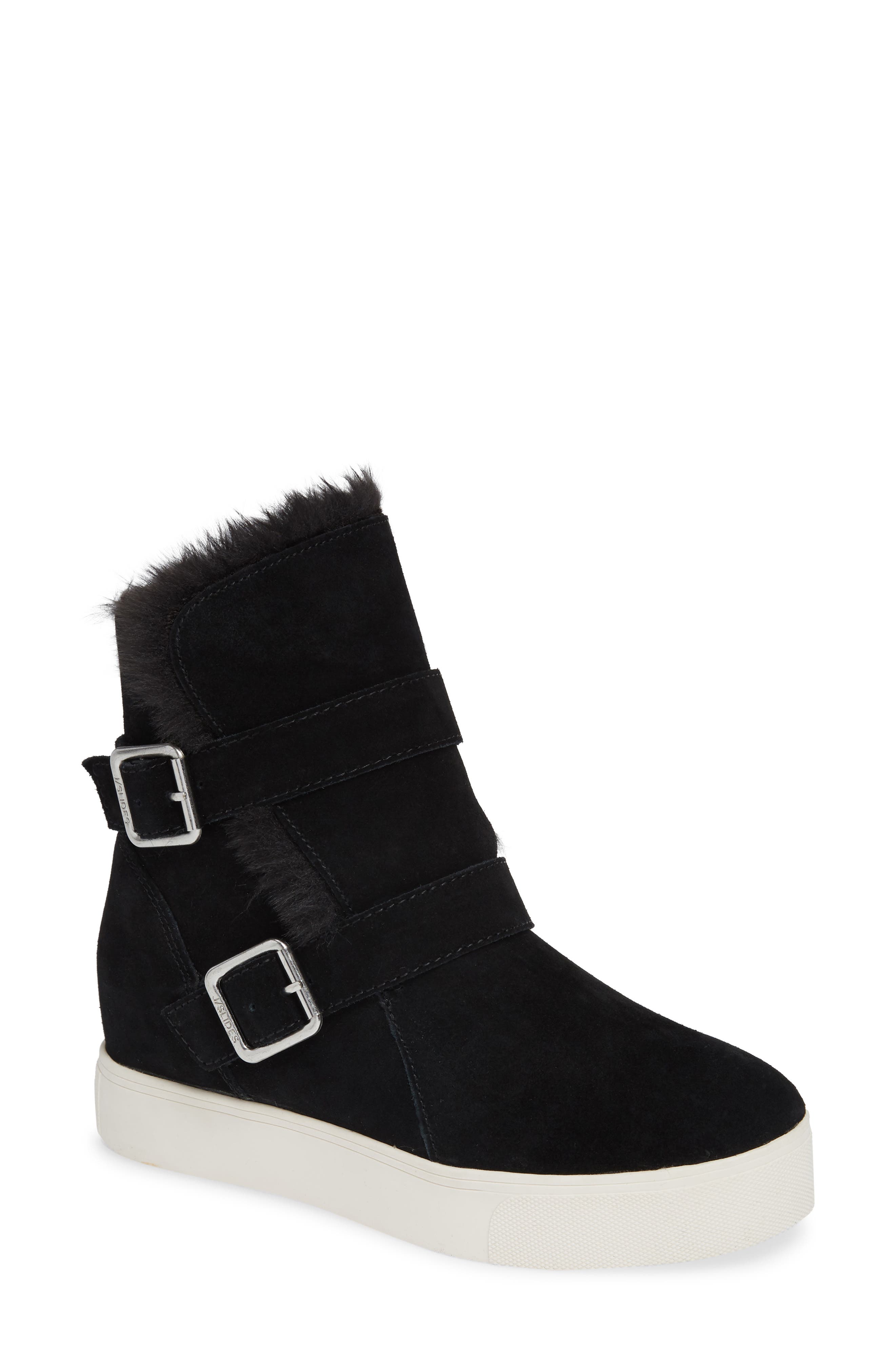 Jslides Wells Faux Fur Trim High Top Sneaker, Black