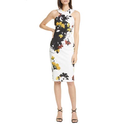 Ted Baker London Savanna Floral Twist Detail Halter Neck Sheath Dress, (fits like 00 US) - White