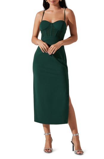 Astr The Label Corset Mesh Bodice Midi Dress In Hunter Green