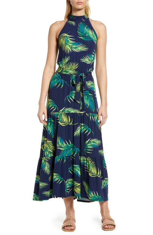 Loveappella Palm Print Halter Neck Knit Maxi Dress in Navy Palm at Nordstrom, Size X-Small