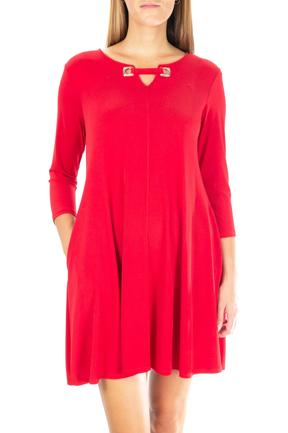 Nina Leonard Hardware Neck Long Sleeve Dress In Open Miscellaneous