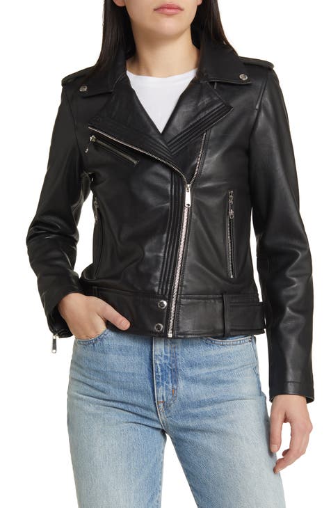 Women's Black Leather Biker Jacket, White and Black Print Hoodie, Black  Leggings, Grey Uggs