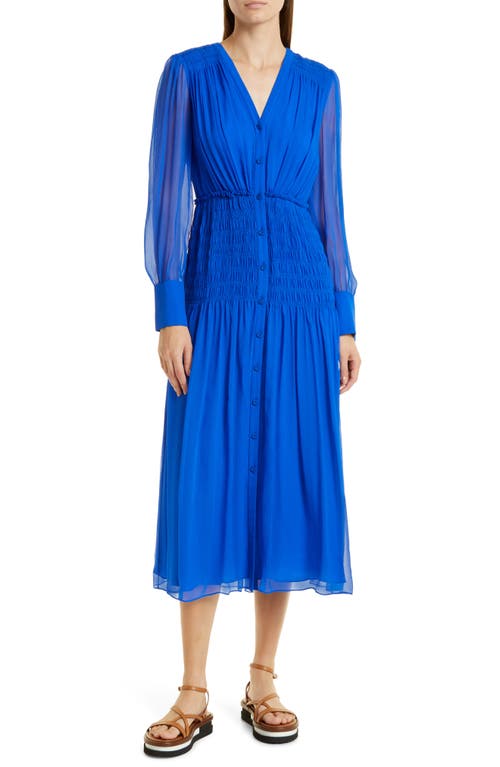 JASON WU Smocked Waist Long Sleeve SIlk Chiffon Midi Dress in Electric Blue
