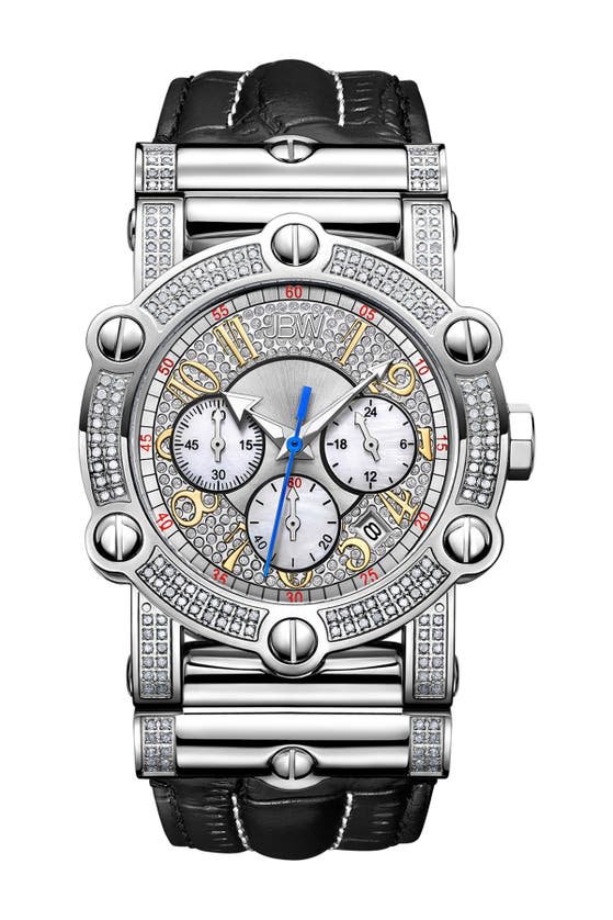 Jbw Phantom 10 Year Chronograph Diamond Croc Embossed Leather Strap Watch, 42mm In Silver