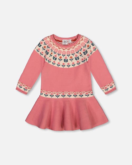 Shop Deux Par Deux Girl's Knit Dress With Round Intarsia Flowers Light Pink In Rosette