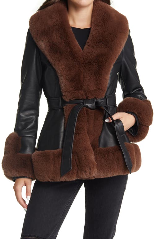 Faux Leather & Faux Fur Belted Coat in Black