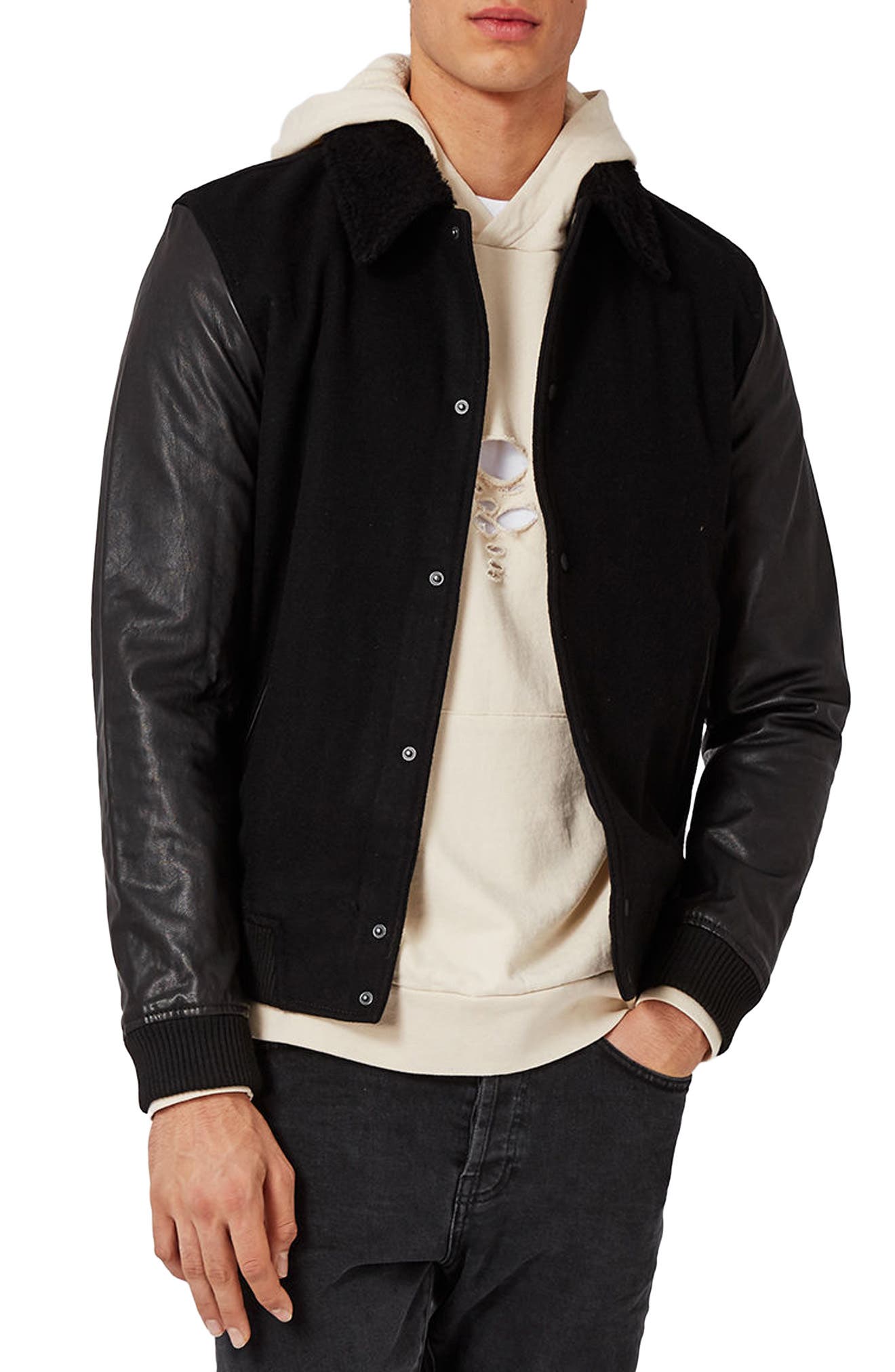 Topman Wool Blend Bomber Jacket with Leather Sleeves Nordstrom