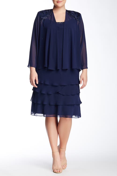 Embellished Tiered Dress with Jacket in Navy
