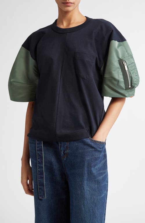 Shop Sacai Mixed Media Crewneck T-shirt In Navy B/khaki