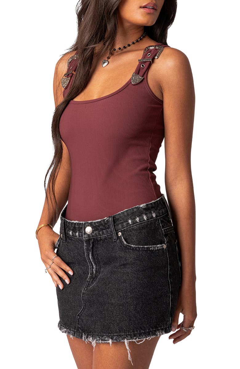 EDIKTED Laney Rib Buckle Strap Bodysuit Nordstrom
