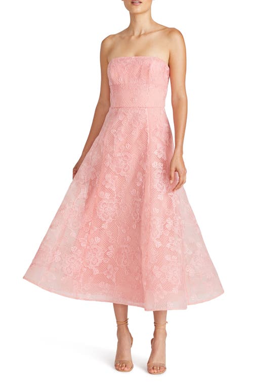 Louisa Lace Strapless A-line Midi Cocktail Dress in Coral Rose