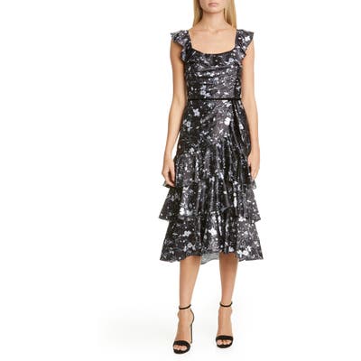 Marchesa Notte Ruffle Charmeuse Cocktail Dress, Black