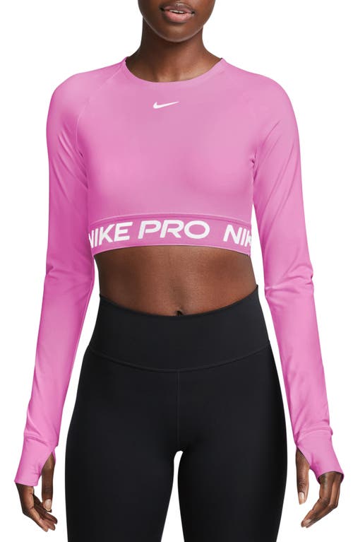 Nike Pro 365 Dri-fit Long Sleeve Crop Top In Playful Pink/white