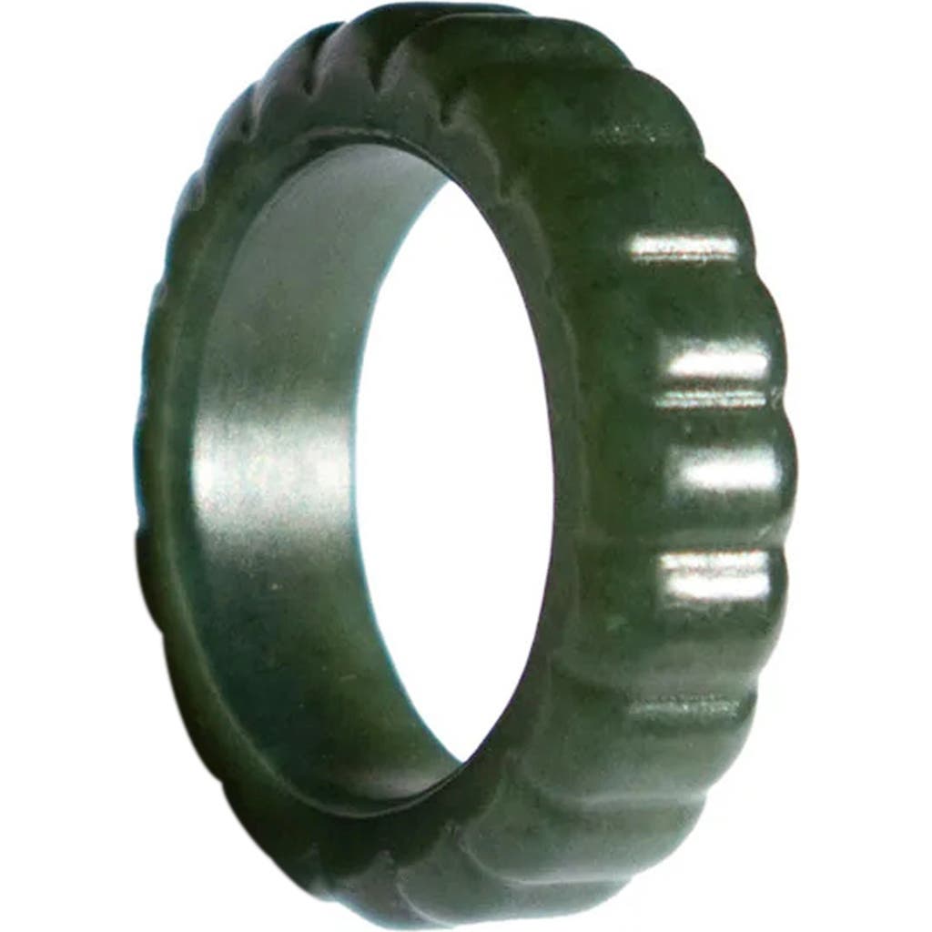 Seree Sophia Skinny Ribbed Jade Ring In Dark Green