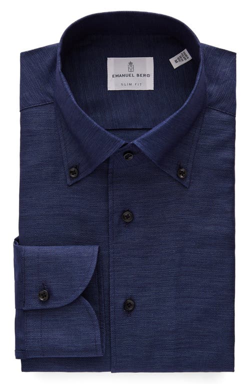 Modern Fit Cotton & Linen Twill Button-Down Shirt in Navy