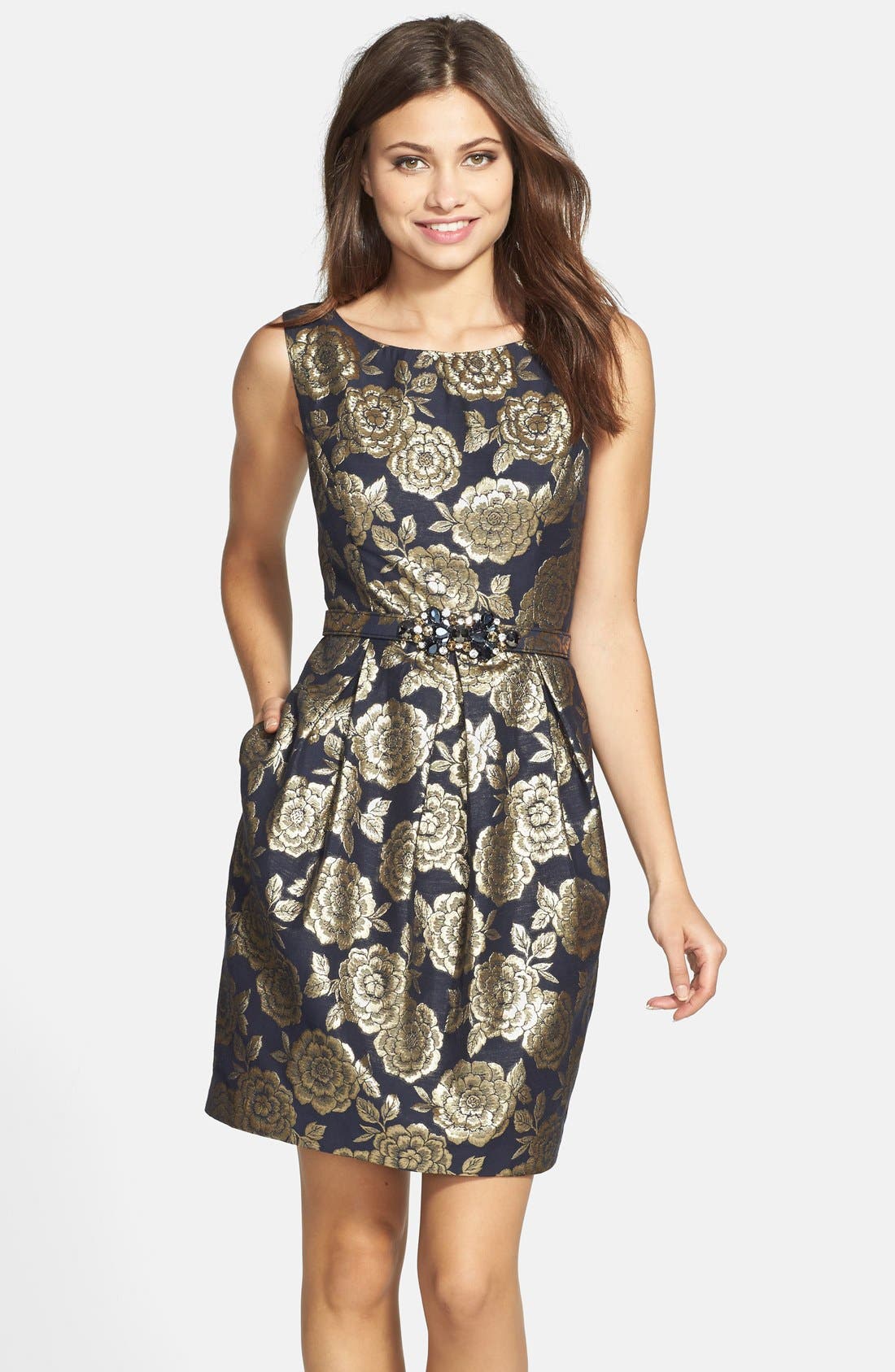 Eliza J Beaded Belt Metallic Jacquard Dress Nordstrom
