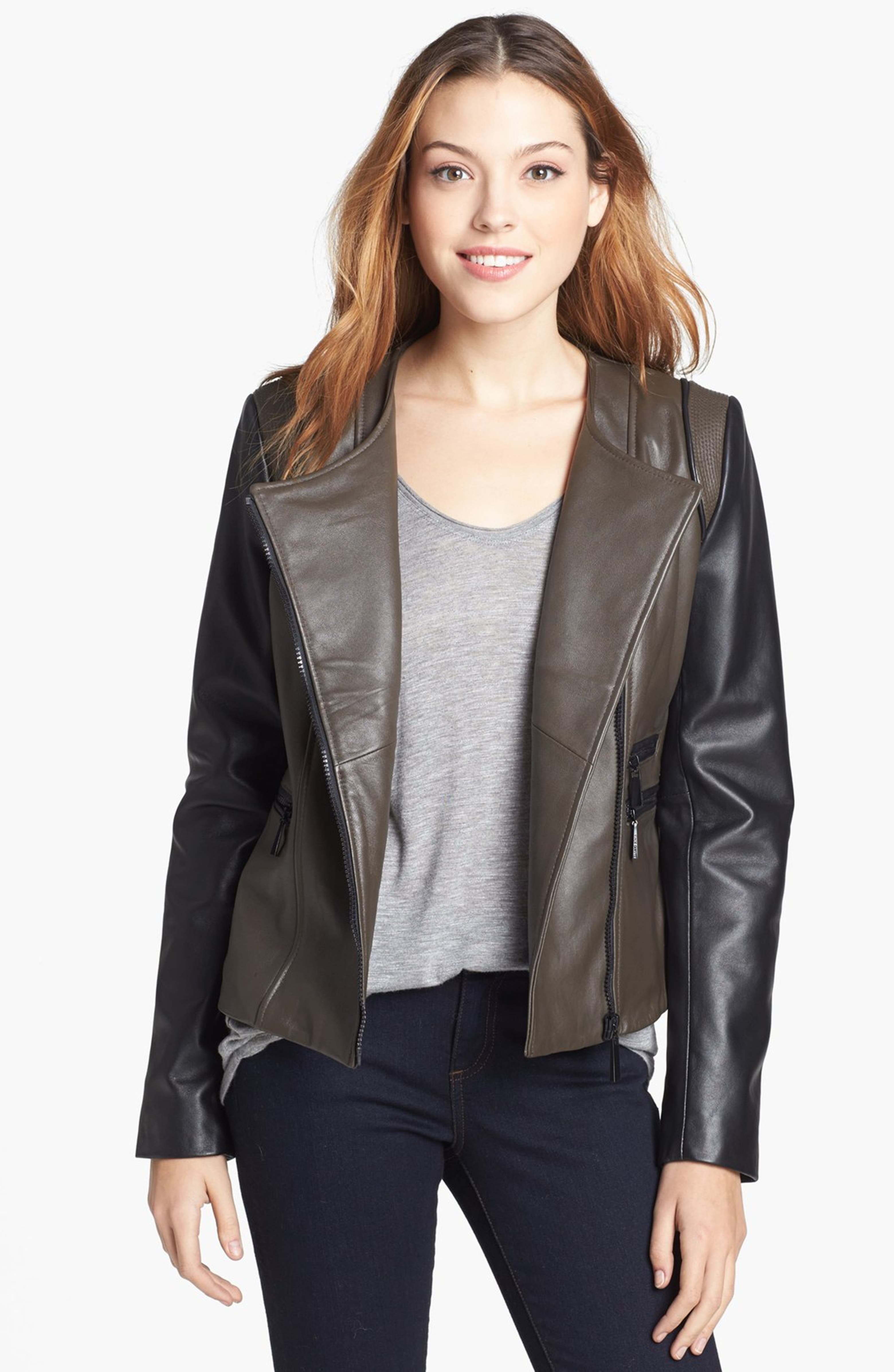 Vince Camuto Two-Tone Collarless Leather Moto Jacket (Online Only ...