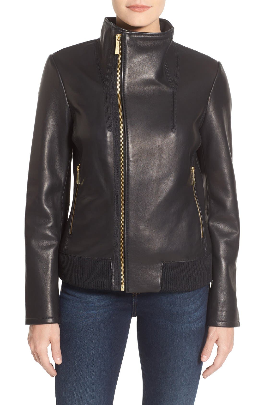MICHAEL Michael Kors Funnel Collar Asymmetrical Zip Leather Jacket
