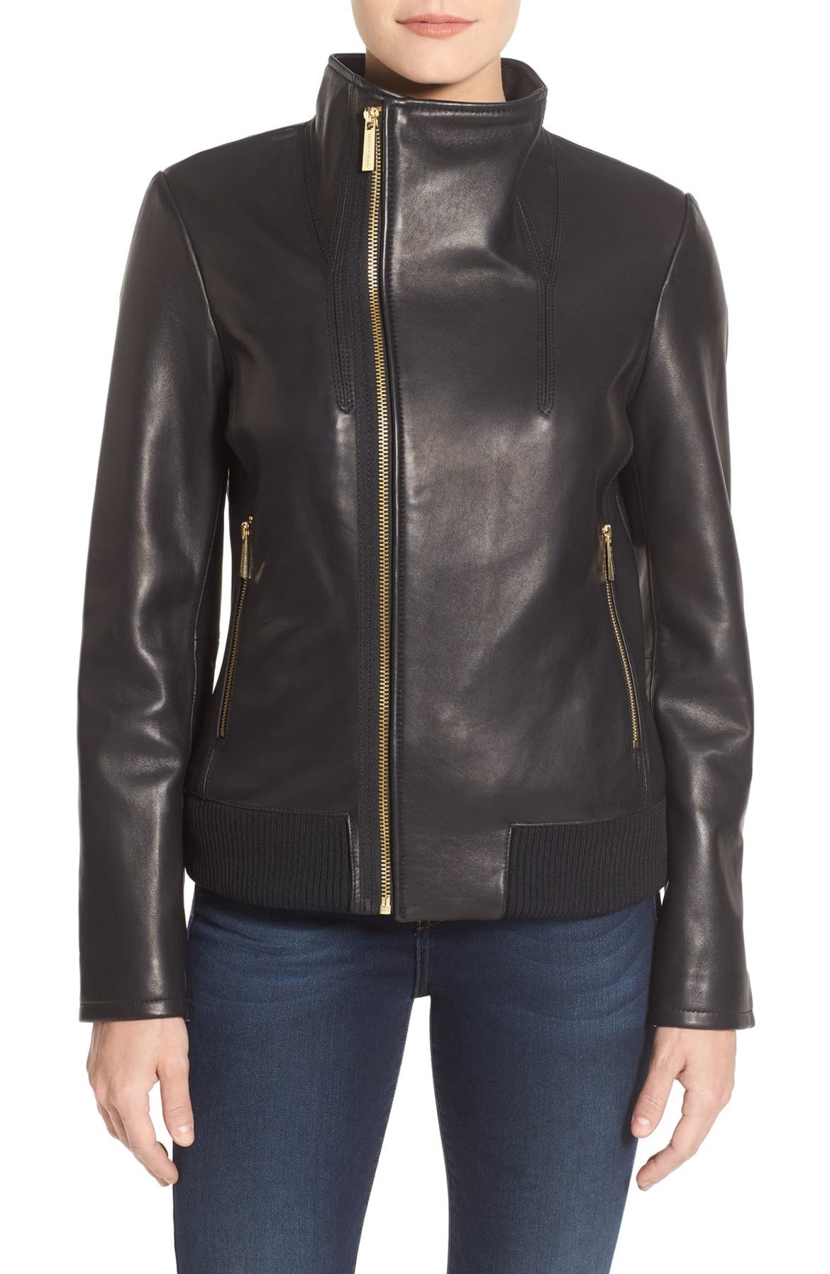 MICHAEL Michael Kors Funnel Collar Asymmetrical Zip Leather Jacket ...