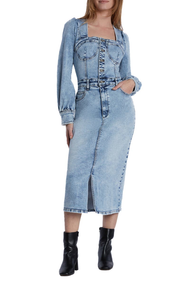 Wash Lab Denim Puff Shoulder Long Sleee Corset Denim Midi Dress | Nordstrom