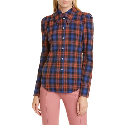 Smythe Puff Sleeve Plaid Flannel Shirt, Blue