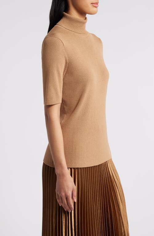 Shop Anne Klein Turtleneck Short Sleeve Rib Sweater In Vicuna