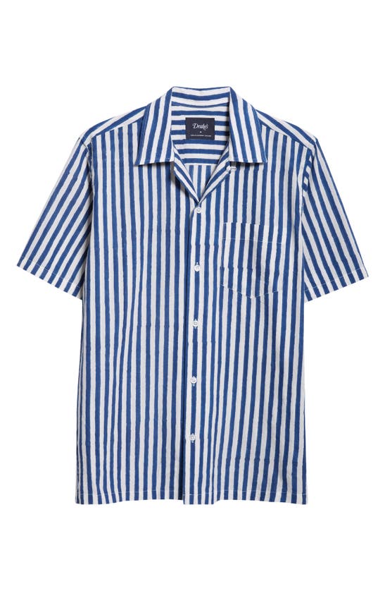 Drake's Block Stripe Cotton Camp Shirt In Blue Stripe