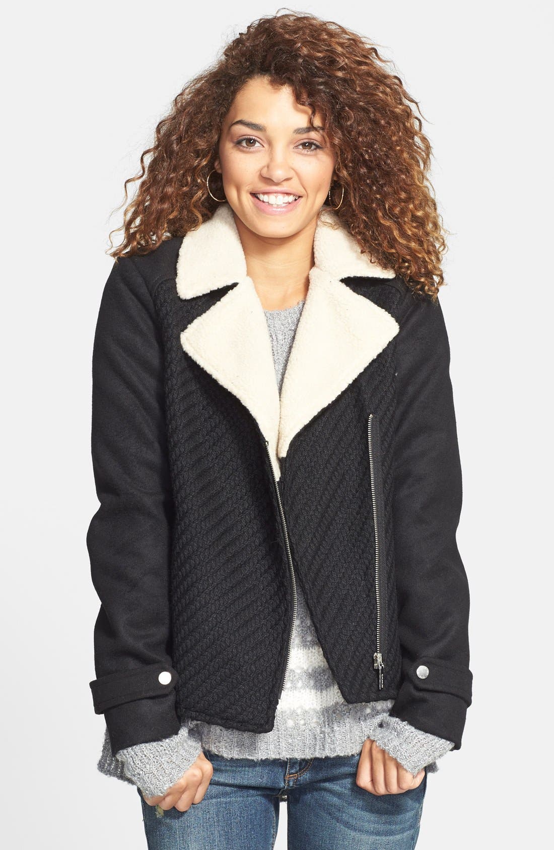 Collection B Faux Shearling Collar Asymmetrical Zip Jacket (Juniors