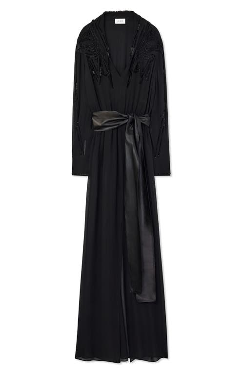 Shop St John St. John Collection Tonal Beaded Long Sleeve Silk Georgette Gown In Black