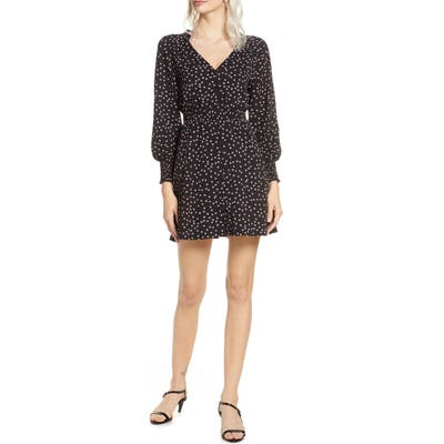 Bb Dakota Micro Daisy Print Long Sleeve Bubble Crepe Minidress, Black