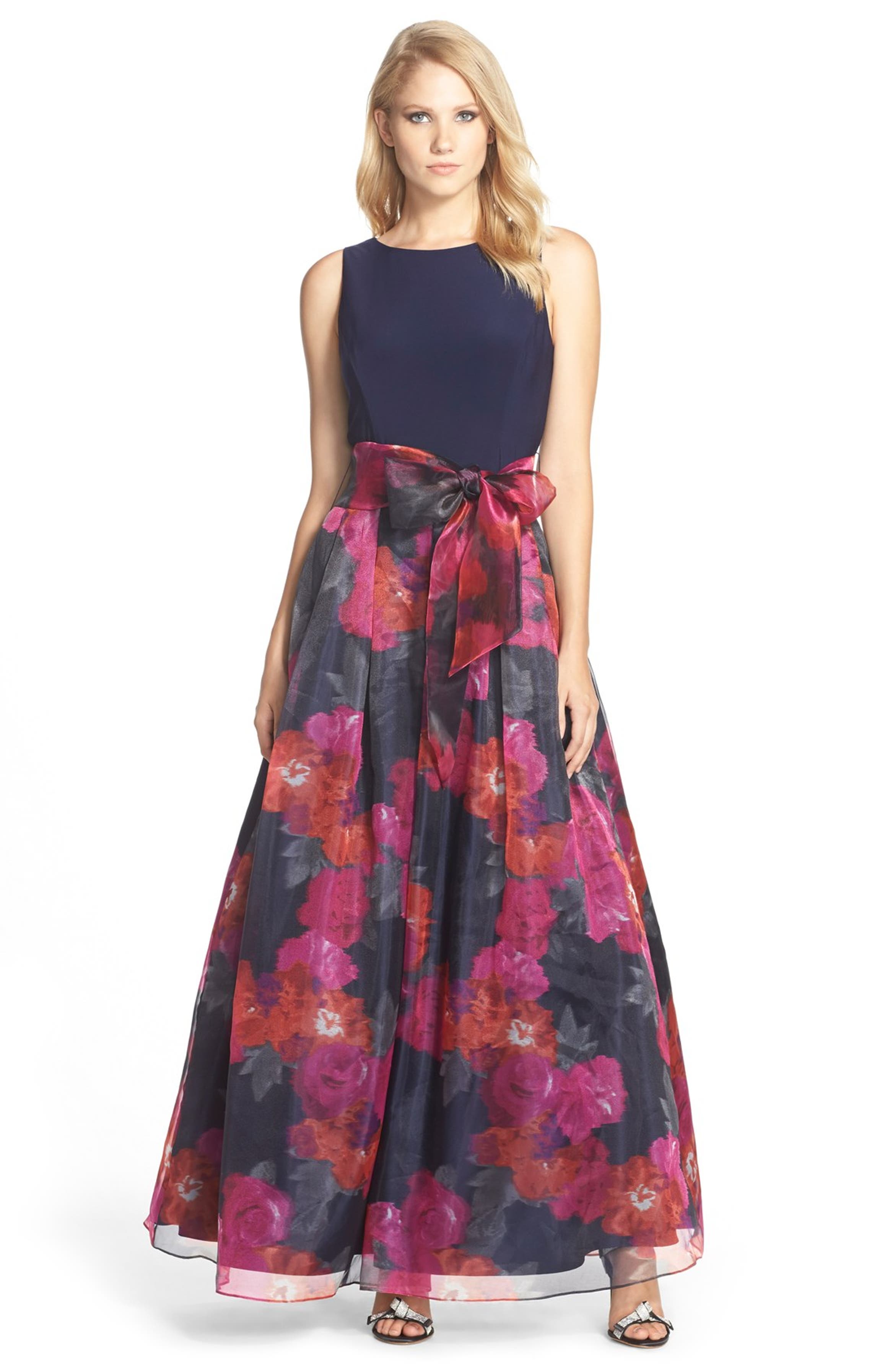 Eliza J Jersey & Floral Print Organza Skirt Gown | Nordstrom