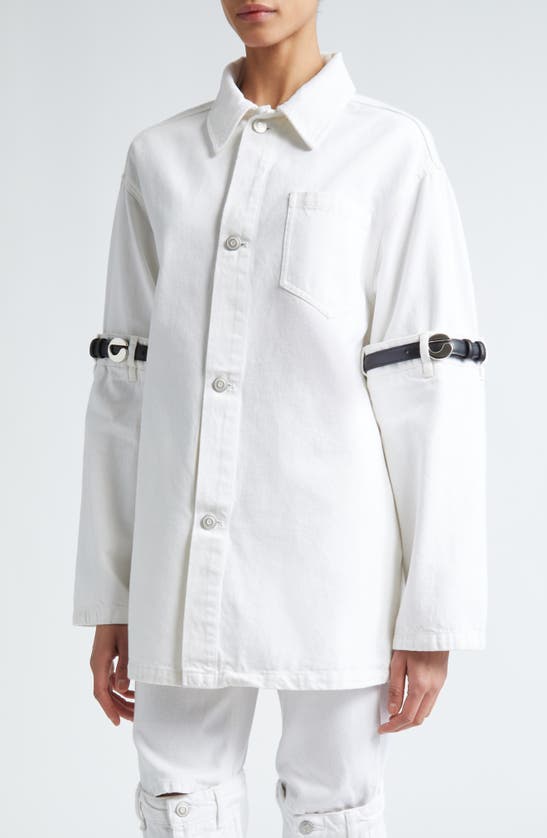 Shop Coperni Hybrid Belted Sleeve Denim Overshirt In White
