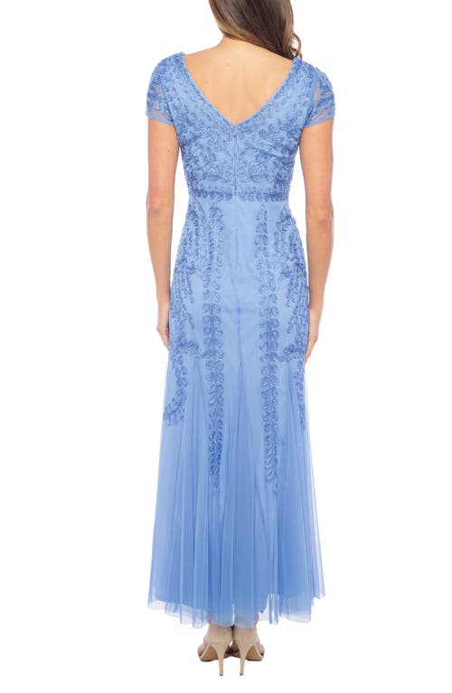 Shop Marina Beaded Cap Sleeve Tulle Gown In Blue