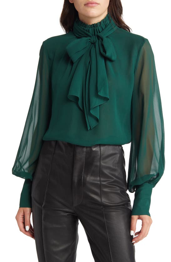 Frame Long-sleeve Silk Bow Blouse In Pine