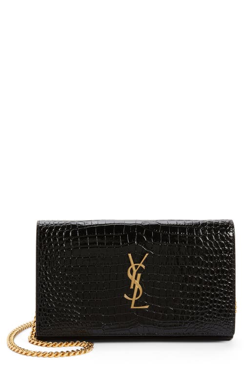 Shop Saint Laurent Croc Embossed Leather Wallet On A Chain In Nero/nero