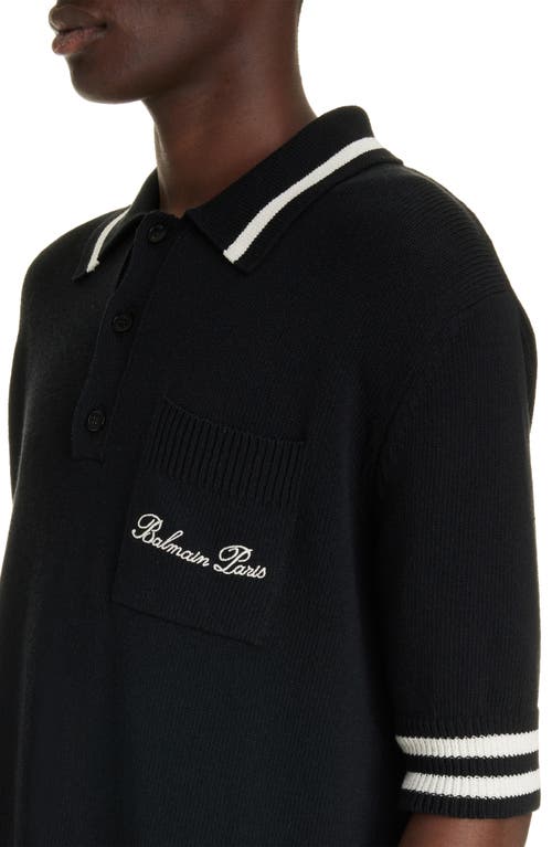Shop Balmain Signature Logo Cotton Blend Polo In Eer Black/natural