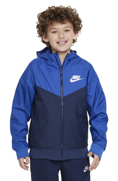 Nike Kids' Windrunner Water Repellent Hooded Jacket in Game Royal/Mid Navy/White at Nordstrom