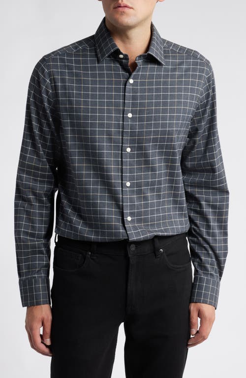 Scott Barber Windowpane Check Stretch Cotton & Cashmere Button-Up Shirt in Charcoal