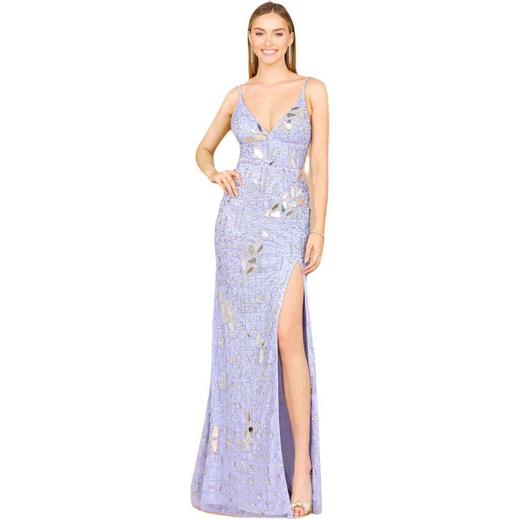 Lara New York Mirror Beaded Gown With High Slit In Periwinkle