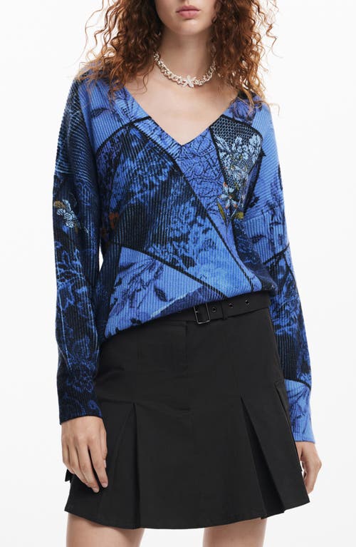 Shop Desigual Ocean Floral Print V-neck Sweater In Blue