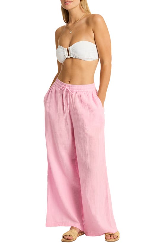 Shop Sea Level Sunset Beach High Waist Cotton Gauze Cover-up Pants In Pink