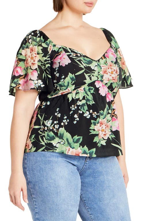 City Chic Marci Floral Flutter Sleeve Top In Black Sweet Blossom