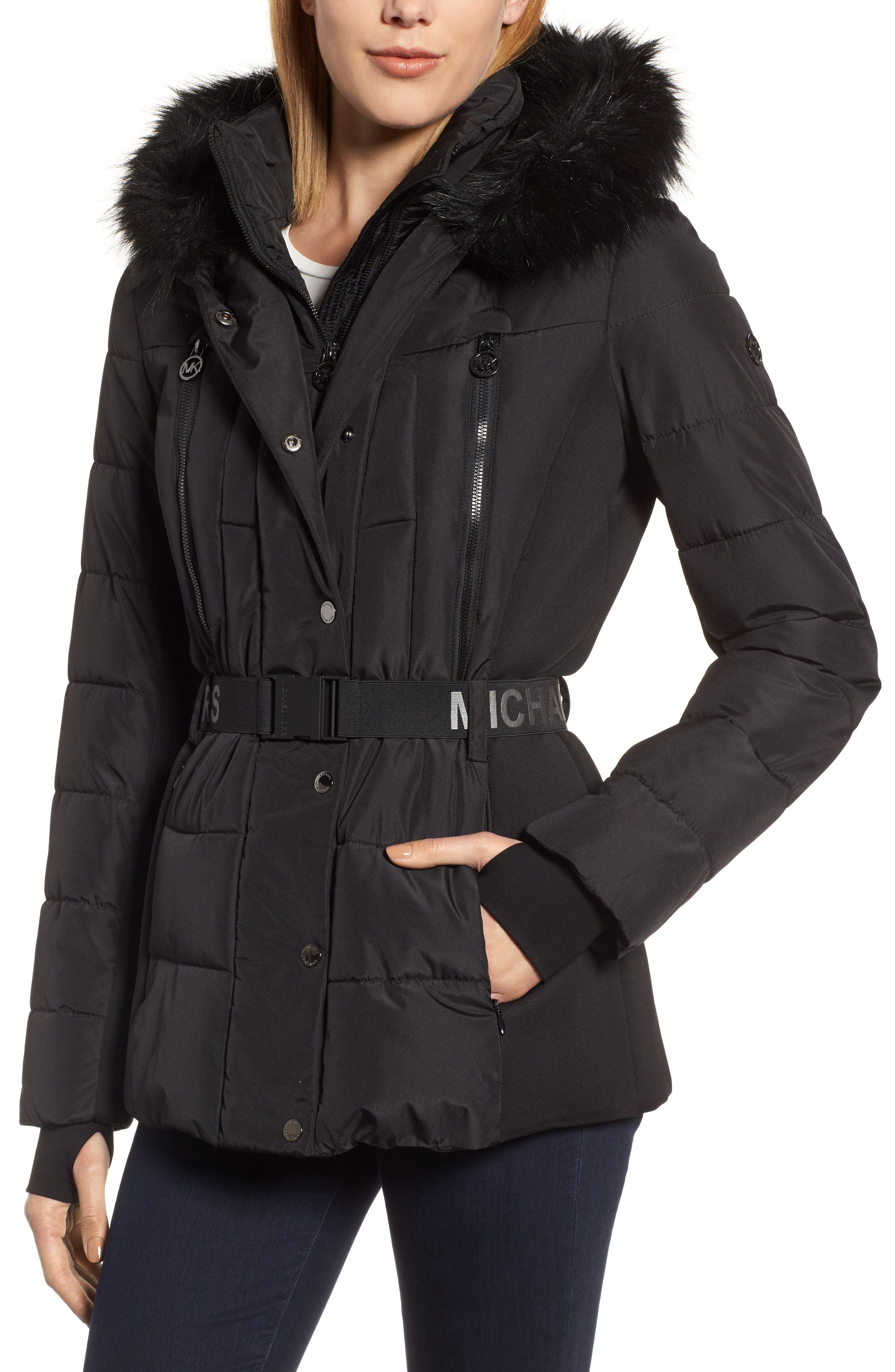 MICHAEL Michael Kors Belted Down Puffer Jacket with Faux Fur Trim ...