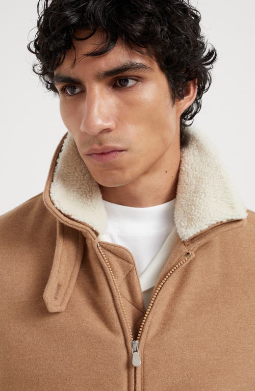 Shop Brunello Cucinelli Lightweight Water-resistant Cashmere Bomber Jacket With Detachable Shearling Inse In Camel